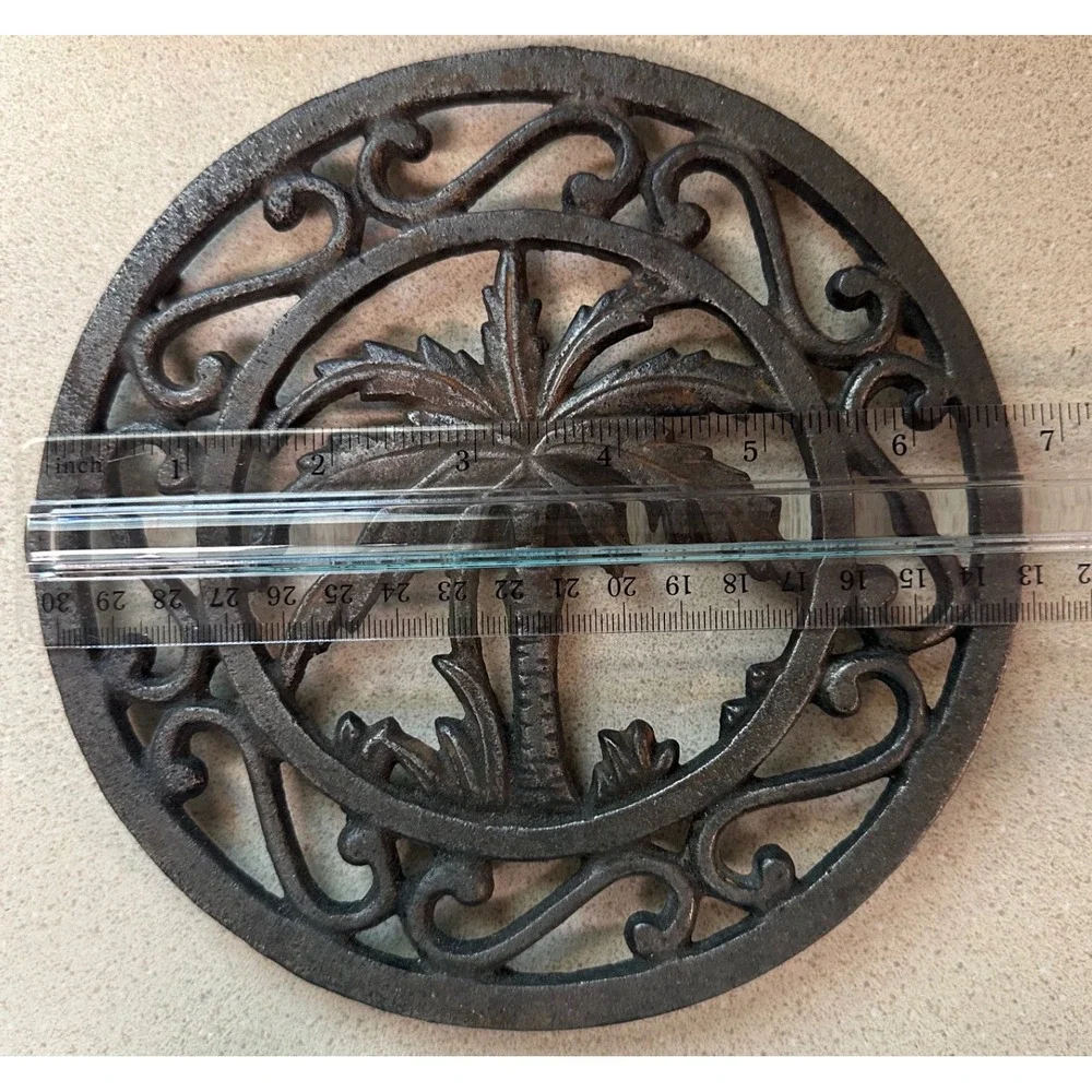 Vintage Cast Iron Palm Tree Trivet Round Scrollwork Tropical Coastal  6.75in